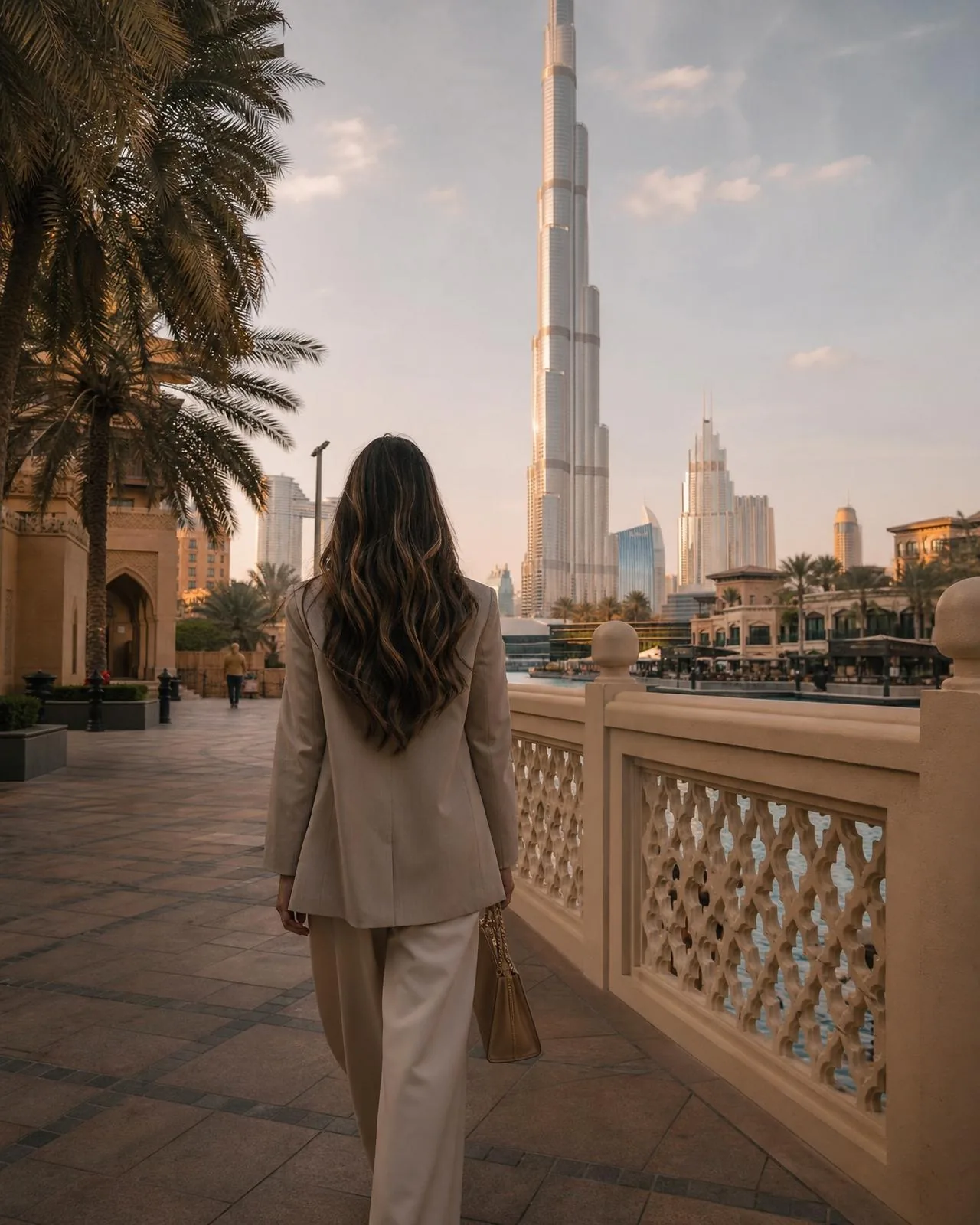 The founder of The Guest Society walking through Downtown Dubai at golden hour, the Burj Khalifa beyond