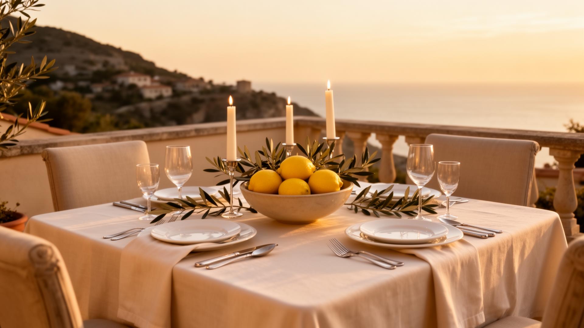 A styled luxury table on a Mediterranean terrace at golden hour